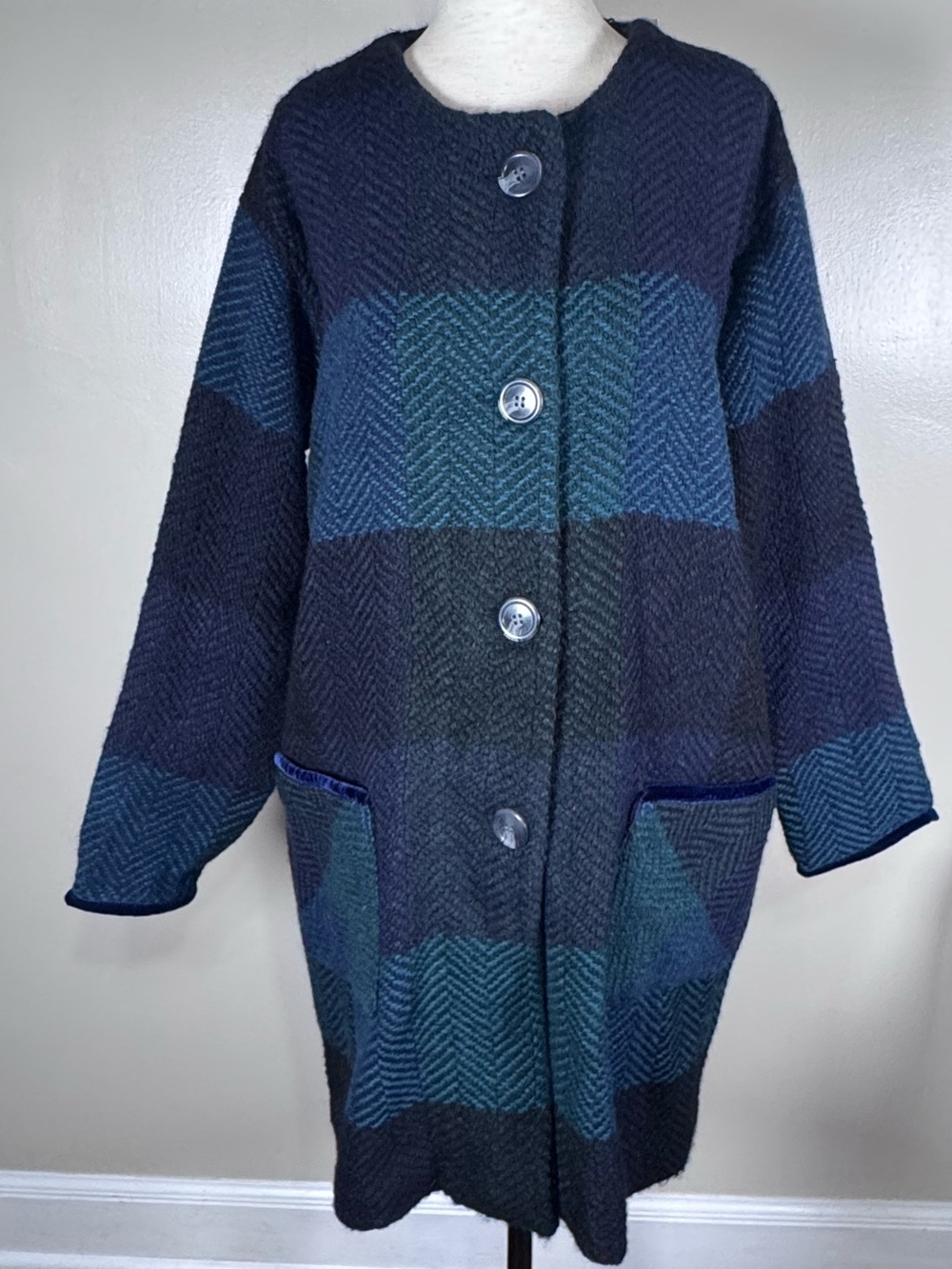 NWT Blarney Mills Ireland Sz M Blue Herringbone Wool Blend Long Cardigan Coat